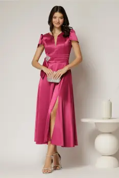 Rochie midi fucsia din satin cu aplicatie in talie si decolteu adanc imagine