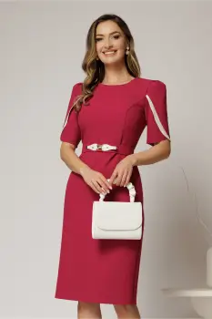 Rochie midi fucsia din stofa cu croi conic si detalii ivory la maneci imagine
