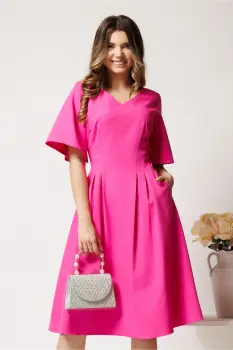 Rochie midi fucsia din stofa in clini cu pliuri si buzunare imagine