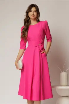 Rochie midi fucsia din stofa in clos cu floare in talie imagine