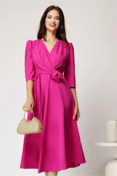 Rochie midi fucsia din stofa in clos cu floare in talie imagine