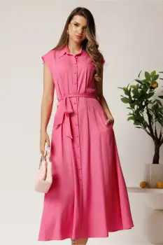 Rochie midi fucsia din viscoza cu nasturi si cordon imagine