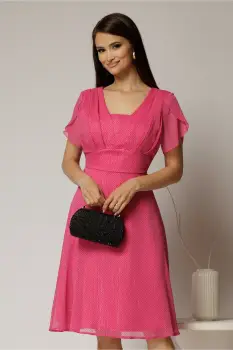 Rochie midi fucsia din voal cu buline si maneci scurte petrecute imagine