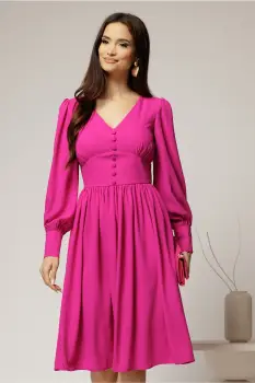Rochie midi fucsia din voal plin cu nasturi pe bust imagine