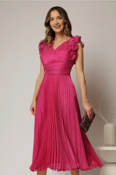 Rochie midi fucsia din voal plisat cu decolteu V si volanase la maneci imagine