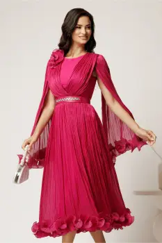 Rochie midi fucsia din voal satinat in clos cu floare la bust si curea din strasuri in talie imagine