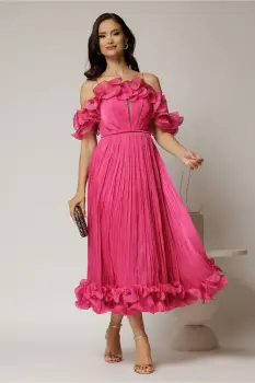 Rochie midi fucsia in clos din voal satinat cu volanase la bust si la baza imagine