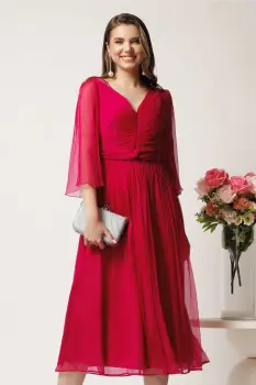 Rochie midi fucsia in din matase naturala cu maneci evazate- Leonard Collection imagine