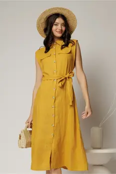 Rochie midi galben mustar din bumbac fara maneci cu cordon in talie imagine