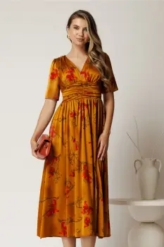 Rochie midi galben mustar din satin cu talie marcata imagine