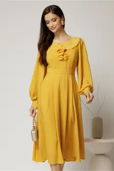 Rochie midi galben mustar din voal plin cu volanase la bust imagine