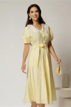 Rochie midi galbena cu buline de zi si guler brodat imagine