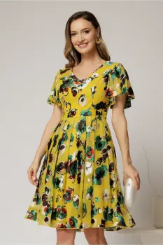 Rochie midi galbena cu imprimeu din voal cu decolteu in V si pliuri pe fusta imagine