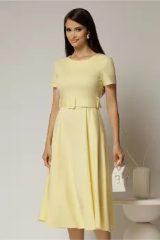 Rochie midi galbena cu maneca scurta si curea in talie cu adaos de viscoza imagine