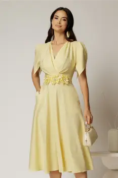 Rochie midi galbena de ocazie cu pliuri pe bust si cordon detasabi cu flori imagine
