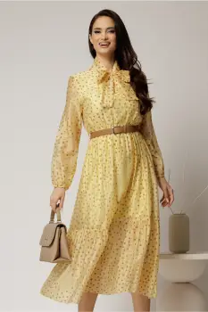 Rochie midi galbena din tencel cu buline si funda la decolteu imagine