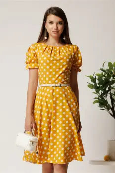 Rochie midi galbena din viscoza in clos cu buline si curea in talie imagine