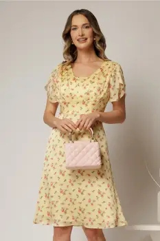 Rochie midi galbena din voal cu imprimeu floral si maneci scurte petrecute imagine
