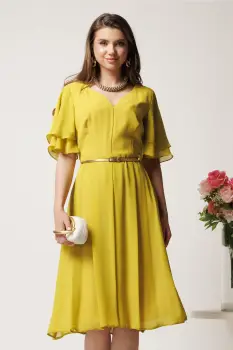 Rochie midi galbena din voal in clos cu volane la maneci si curea in talie imagine