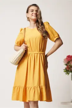 Rochie midi galbena in clos din viscoza cu volan la baza- Moze imagine