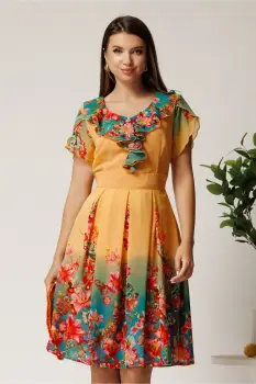 Rochie midi galbena si turcoaz in degradee din voal in clos cu imprimeu floral roz imagine
