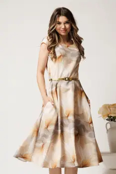 Rochie midi gri cu bej in clos cu buzunare si curea in talie imagine