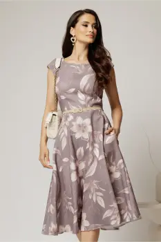 Rochie midi gri cu flori bej in clos cu buzunare si curea in talie imagine