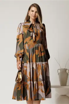 Rochie midi gri cu imprimeu galben din voal satinat in clos imagine