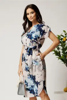 Rochie midi gri cu imprimeuri albastre si cordon in talie imagine