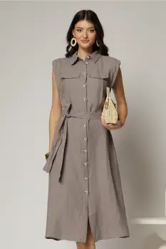 Rochie midi gri din bumbac fara maneci cu cordon in talie imagine