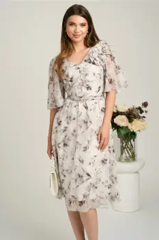 Rochie midi gri din voal cu imprimeuri si floare maxi pe bust- Viada imagine