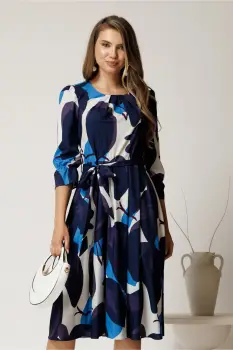 Rochie midi in clos din triplu voal cu imprimeuri albastre si cordon in talie imagine