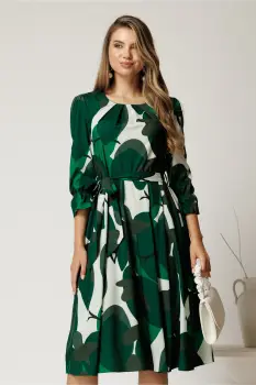 Rochie midi in clos din triplu voal cu imprimeuri verzi si cordon in talie imagine