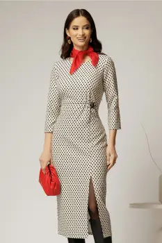 Rochie midi ivoar cu buline negre si detaliu pe talie imagine