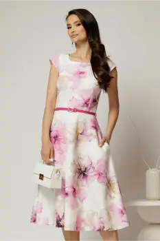 Rochie midi ivoar cu flori fucsia in clos cu buzunare si curea in talie imagine