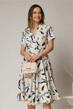 Rochie midi ivoar cu imprimeu cu aspect petrecut si cordon in talie imagine