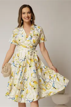 Rochie midi ivoar cu imprimeu galben cu aspect petrecut si cordon in talie imagine