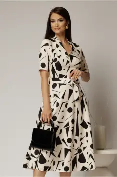 Rochie midi ivoar cu imprimeuri negre cu decolteu in V si cordon cu catarama in talie imagine