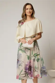 Rochie midi ivoar de ocazie cu imprimeuri florale pe fusta imagine