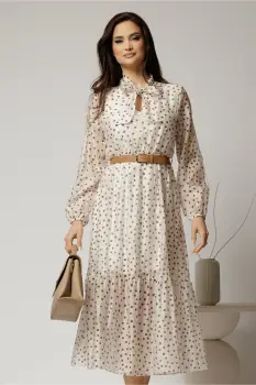 Rochie midi ivoar din tencel cu buline si funda la decolteu imagine