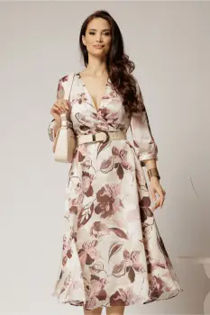 Rochie midi ivoar din voal usor satinat cu imprimeuri si decolteu petrecut imagine