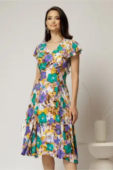 Rochie midi ivoar in clini cu imprimeuri florale mov din viscoza imagine