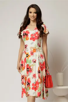Rochie midi ivoar in clini cu imprimeuri florale rosii din viscoza imagine