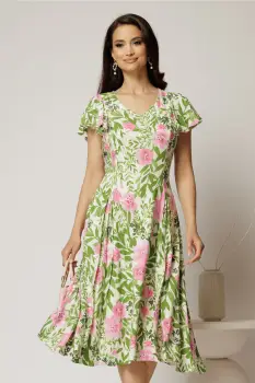 Rochie midi ivoar in clini cu imprimeuri florale verzi si roz din viscoza imagine