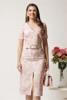 Rochie midi ivory conica cu imprimeu roz si curea in talie imagine