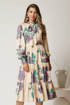 Rochie midi ivory cu imprimeu mov din voal satinat in clos imagine