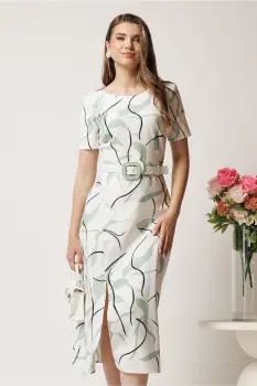 Rochie midi ivory cu imprimeu verde mint si curea detasabila in talie imagine