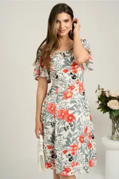 Rochie midi ivory din viscoza in clin cu imprimeu gri-corai si decupaje la decolteu imagine