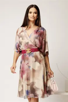 Rochie midi ivory din voal in clos cu imprimeu si curea fucsia imagine