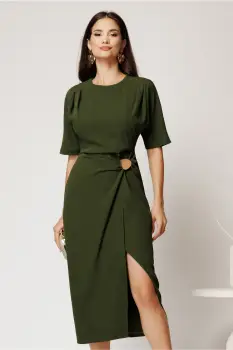 Rochie midi kaki cambrata din triplu voal cu funda si accesoriu pe fusta imagine